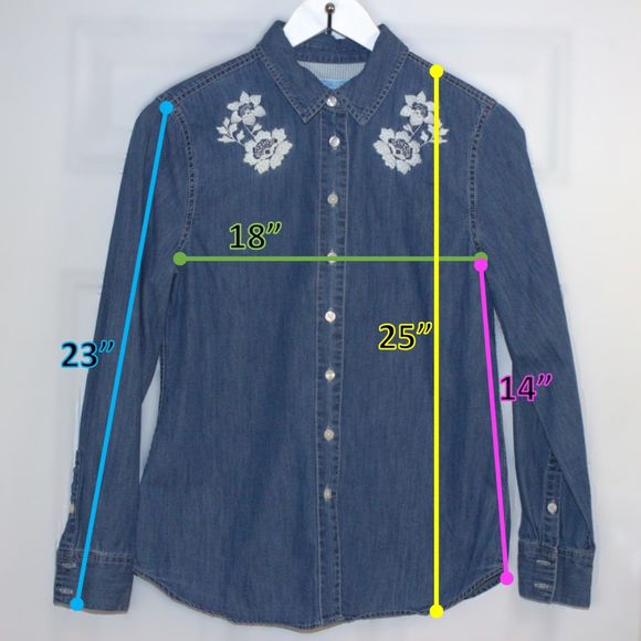 Draper James | Howdy Embroidered Chambray Button Down Blue Long Sleeve Shirt | 6 - Picture 11 of 13